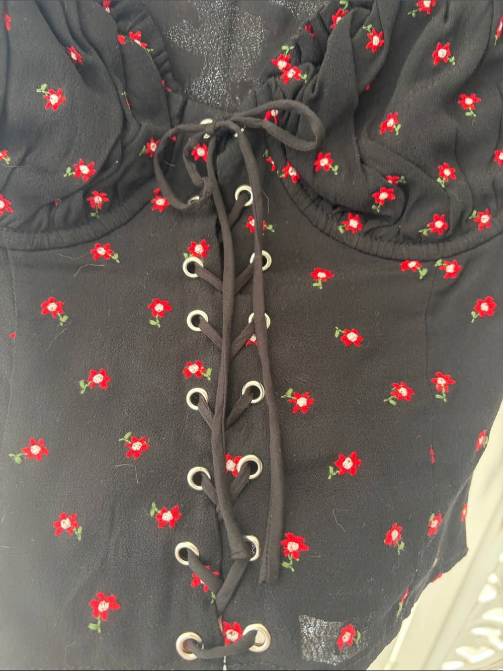 MAJORELLE Black Crop Top with Red Floral Print